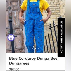 Bright Blue Bee-Print Corduroy Dungarees Jumpsuit